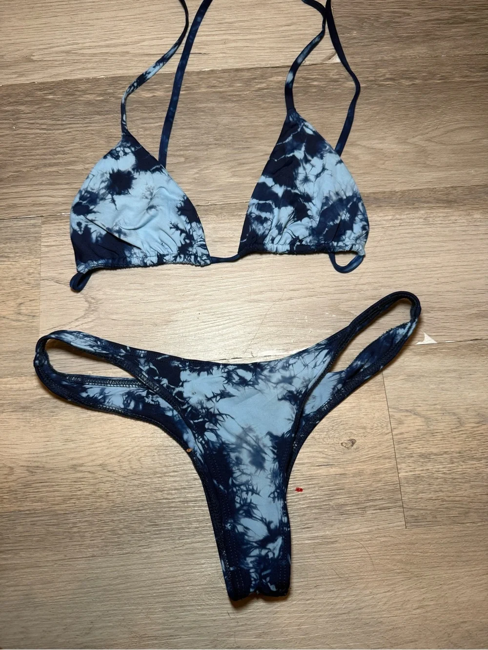 Frankie's Bikinis Navy and Light Blue Tie-Dye Triangle Bikini